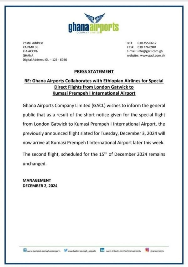 Direct Flight from London Gatwick to Kumasi Airport for December 3 Canceled, New Date Announced